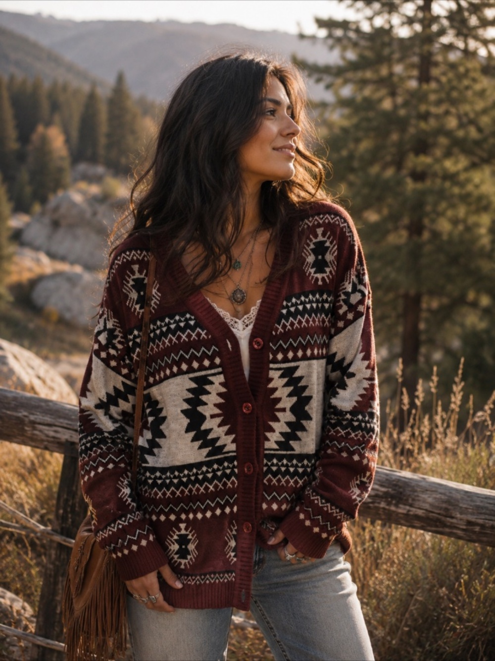 Myra bag- Southwestern Aztec knit button front cardigan - western boho style - Picture 2 of 8